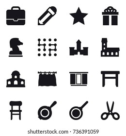 16 vector icon set : portfolio, pencil, star, gift, chess horse, chip, castle, mansion, curtain, wardrobe, stool, chair, pan, scissors