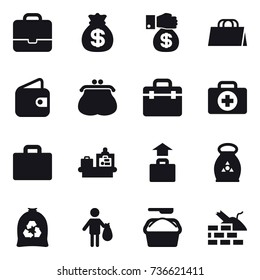 16 vector icon set : portfolio, money bag, money gift, shopping bag, wallet, purse, suitcase iocn, baggage checking, baggage, fertilizer, garbage bag, trash, washing powder, construct garbage