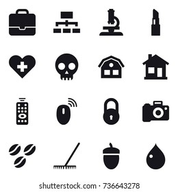 16 vector icon set : portfolio, hierarchy, microscope, lipstick, house, home, remote control, coffee seeds, rake, acorn, drop