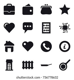 16 vector icon set : portfolio, wallet, purse, star, heart, message, abacus, chip, home, phone, info, building, radiator, pan