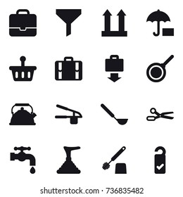 16 vector icon set : portfolio, funnel, suitcase, baggage get, pan, kettle, garlic clasp, ladle, scissors, water tap, plunger, toilet brush, please clean