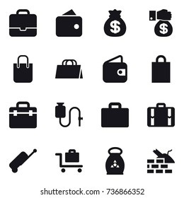 16 vector icon set : portfolio, wallet, money bag, money gift, shopping bag, suitcase iocn, suitcase, baggage trolley, fertilizer, construct garbage