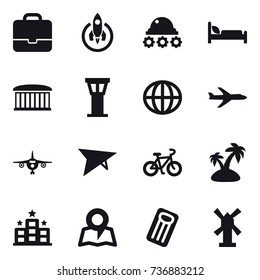 16 vector icon set : portfolio, rocket, lunar rover, airport building, airport tower, globe, plane, deltaplane, bike, island, hotel, map, inflatable mattress, windmill