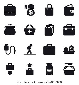 16 vector icon set : portfolio, money gift, shopping bag, wallet, purse, add to basket, tourist, suitcase iocn, baggage checking, baggage get, baggage, flour, washing powder