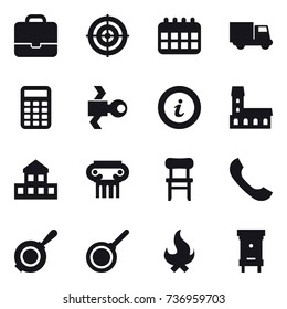 16 vector icon set : portfolio, target, calendar, truck, calculator, satellite, info, mansion, cottage, antique column, chair, pan, fire, hive