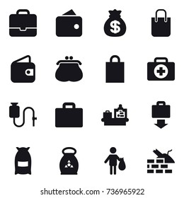 16 vector icon set : portfolio, wallet, money bag, shopping bag, purse, suitcase iocn, baggage checking, baggage get, flour, fertilizer, trash, construct garbage