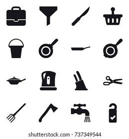 16 vector icon set : portfolio, funnel, bucket, pan, kettle, knife holder, scissors, fork, axe, water tap, please clean