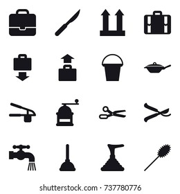 16 vector icon set : portfolio, suitcase, baggage get, baggage, bucket, pan, garlic clasp, hand mill, scissors, pruner, water tap, plunger, duster