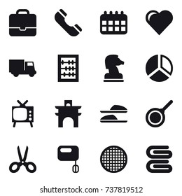 16 vector icon set : portfolio, phone, calendar, heart, truck, abacus, chess horse, diagram, tv, arch, slippers, pan, scissors, stack of towels