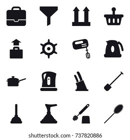 16 vector icon set : portfolio, funnel, baggage, handwheel, mixer, kettle, saute pan, knife holder, shovel, plunger, toilet brush, duster