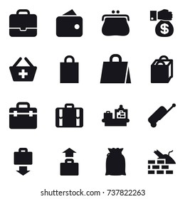 16 vector icon set : portfolio, wallet, purse, money gift, add to basket, shopping bag, suitcase, baggage checking, baggage get, baggage, construct garbage