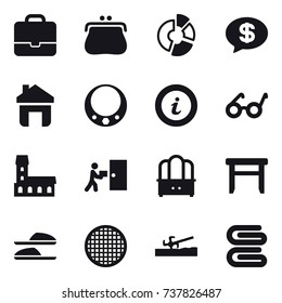 16 vector icon set : portfolio, purse, circle diagram, money message, home, necklace, info, mansion, dresser, stool, slippers, soil cutter, stack of towels