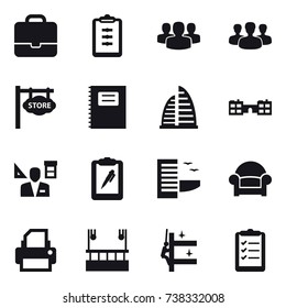16 vector icon set : portfolio, clipboard, group, store signboard, copybook, skyscraper, school, architector, hotel, armchair, skyscapers cleaning, skyscrapers cleaning, clipboard list