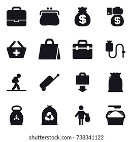 16 vector icon set : portfolio, purse, money bag, money gift, add to basket, shopping bag, tourist, suitcase, baggage get, fertilizer, garbage bag, trash, washing powder