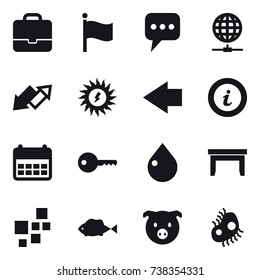 16 vector icon set : portfolio, flag, message, globe connect, up down arrow, sun power, left arrow, info, key, drop, table, pig, microb