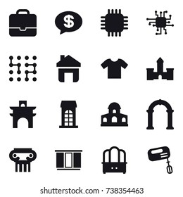 16 vector icon set : portfolio, money message, chip, home, t-shirt, castle, arch, building, mansion, antique column, wardrobe, dresser, mixer