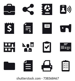16 vector icon set : portfolio, share, annual report, pass card, receipt, account balance, copybook, slum, modular house, architector, clipboard list