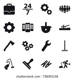 16 vector icon set : portfolio, 24/7, gear, team, server, soil cutter, axe, gears, wrench, rake, vacuum cleaner, scraper, clothespin