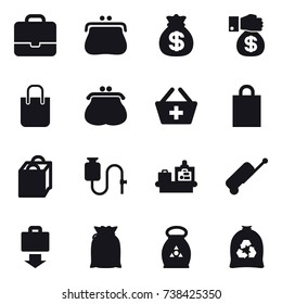 16 vector icon set : portfolio, purse, money bag, money gift, shopping bag, add to basket, baggage checking, suitcase, baggage get, fertilizer, garbage bag