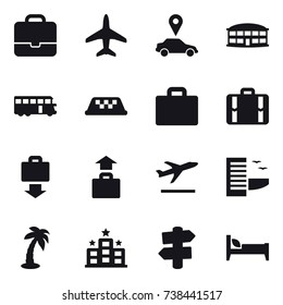 16 vector icon set : portfolio, plane, car pointer, airport building, bus, taxi, suitcase iocn, suitcase, baggage get, baggage, departure, hotel, palm, signpost, bed