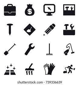 16 vector icon set : portfolio, money bag, monitor arrow, tools, nail, under construction, pencil, repair tools, shovel, wrench, rake, vacuum cleaner, clean floor, gloves