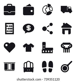 16 vector icon set : portfolio, wallet, circle diagram, truck, abacus, money message, molecule, home, heart, t-shirt, mansion, antique column, wardrobe, dresser, slippers, pan