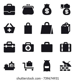 16 vector icon set : portfolio, purse, money bag, money gift, add to basket, shopping bag, suitcase iocn, suitcase, baggage checking, baggage trolley, flour, construct garbage