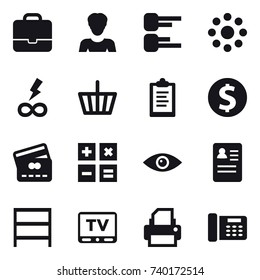 16 vector icon set : portfolio, woman, diagram, round around, infinity power, basket, clipboard, dollar coin, credit card, calculator, rack, tv