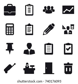 16 vector icon set : portfolio, clipboard, group, statistic, calculator, pencil, architector, suitcase, reception, door, trash bin