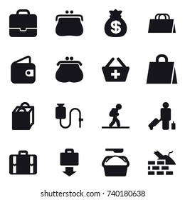 16 vector icon set : portfolio, purse, money bag, shopping bag, wallet, add to basket, tourist, passenger, suitcase, baggage get, washing powder, construct garbage