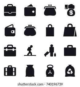 16 vector icon set : portfolio, wallet, purse, money gift, shopping bag, tourist, passenger, suitcase iocn, suitcase, fertilizer, garbage bag