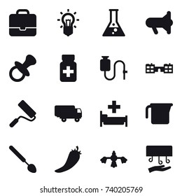 16 vector icon set : portfolio, bulb, flask, megafon, nipple, school, repair, hospital, measuring cup, big spoon, hot pepper, hard reach place cleaning, hand dryer