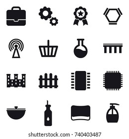 16 vector icon set : portfolio, gear, medal, hex molecule, antenna, basket, bridge, palace, fence, cauldron, sponge, liquid soap
