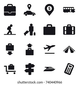 16 vector icon set : portfolio, car pointer, dollar pin, bus, tourist, passenger, suitcase iocn, suitcase, baggage get, baggage, departure, tent, baggage trolley, signpost, yacht