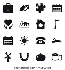 16 vector icon set : portfolio, up down arrow, puzzle, calendar, project, smart house, outdoor light, sun, phone, scissors, windmill, horseshoe, tomato, toilet paper