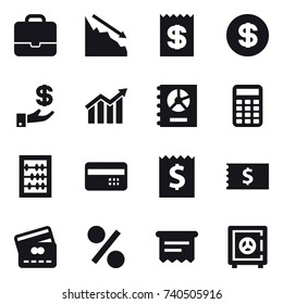 16 vector icon set : portfolio, crisis, receipt, dollar, investment, diagram, annual report, calculator, abacus, credit card, percent, atm receipt, safe