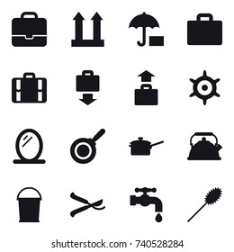 16 vector icon set : portfolio, suitcase iocn, suitcase, baggage get, baggage, handwheel, mirror, pan, saute pan, kettle, bucket, pruner, water tap, duster
