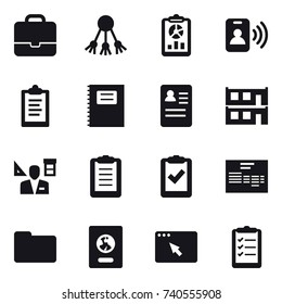 16 vector icon set : portfolio, share, report, pass card, clipboard, copybook, modular house, architector, passport, clipboard list