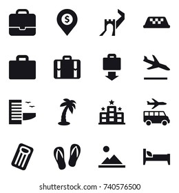16 vector icon set : portfolio, dollar pin, greate wall, taxi, suitcase iocn, suitcase, baggage get, arrival, hotel, palm, transfer, inflatable mattress, flip-flops, landscape, bed