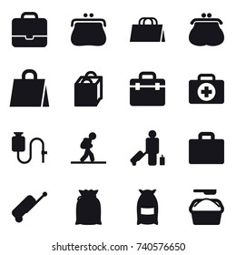 16 vector icon set : portfolio, purse, shopping bag, tourist, passenger, suitcase iocn, suitcase, flour, washing powder