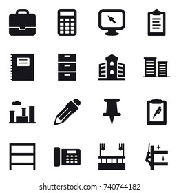 16 vector icon set : portfolio, calculator, monitor arrow, clipboard, copybook, building, district, city, pencil, rack, skyscapers cleaning, skyscrapers cleaning