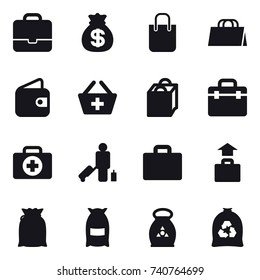 16 vector icon set : portfolio, money bag, shopping bag, wallet, add to basket, passenger, suitcase iocn, baggage, flour, fertilizer, garbage bag