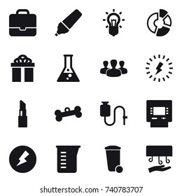 16 vector icon set : portfolio, marker, bulb, circle diagram, gift, flask, group, lightning, lipstick, bone, atm, electricity, measuring cup, trash bin, hand dryer