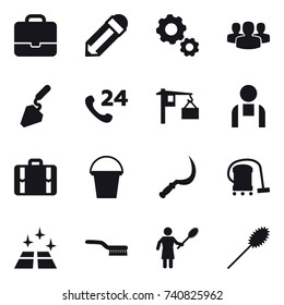 16 vector icon set : portfolio, pencil, gear, group, construction, suitcase, bucket, sickle, vacuum cleaner, clean floor, brush, woman with pipidaster, duster