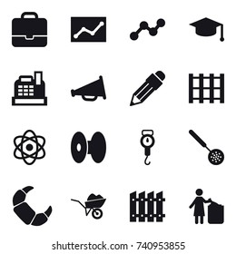 16 vector icon set : portfolio, statistic, graph, graduate hat, cashbox, loudspeaker, pencil, handle scales, skimmer, wheelbarrow, fence, garbage bin