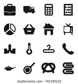 16 vector icon set : portfolio, truck, calculator, abacus, diagram, remove from basket, home, tv, castle, thermometer, hanger, pan, stack of towels
