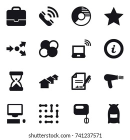 16 vector icon set : portfolio, call, circle diagram, star, core splitting, atom core, notebook wireless, info, houses, hair dryer, flour