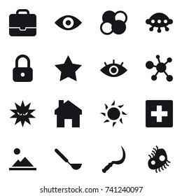 16 vector icon set : portfolio, eye, atom core, ufo, lock, star, home, sun, first aid, landscape, ladle, sickle, microb