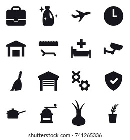 16 vector icon set : portfolio, cleanser, lounger, hospital, surveillance, broom, garage, saute pan, hand mill, seedling