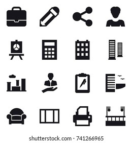 16 vector icon set : portfolio, pencil, share, woman, presentation, calculator, building, skyscrapers, city, hotel, armchair, window, skyscapers cleaning